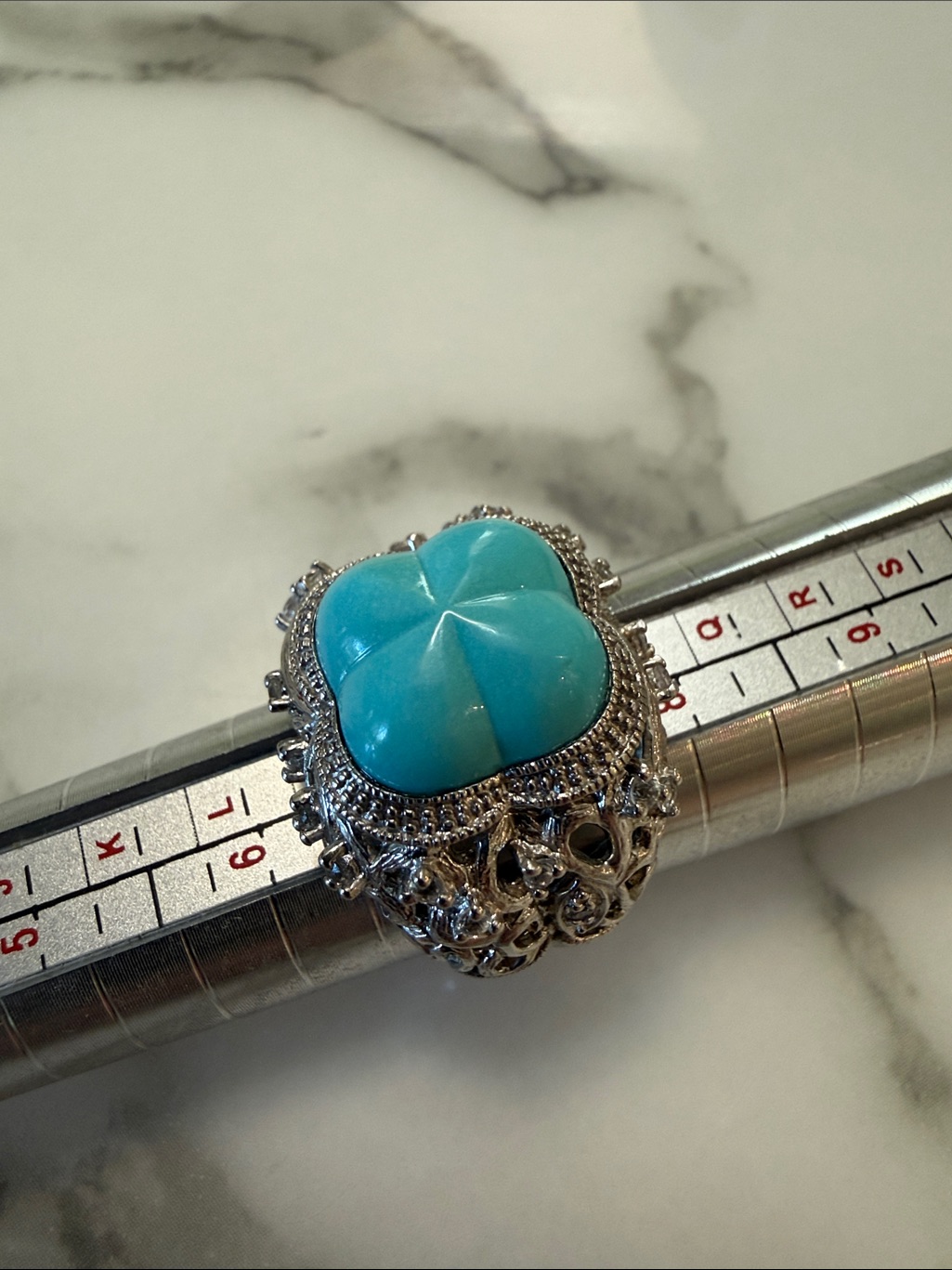 Silver And Turquoise Cabochon Ring, Size 7. Filigree Band.